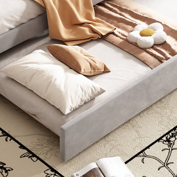 Single Day Bed with Trundle and Scalloped Cushion, Upholstered Velvet Sofa Bed with Sturdy Slats, for Bedroom, 202L x 190W x 95H cm, Gray Aosom.UK