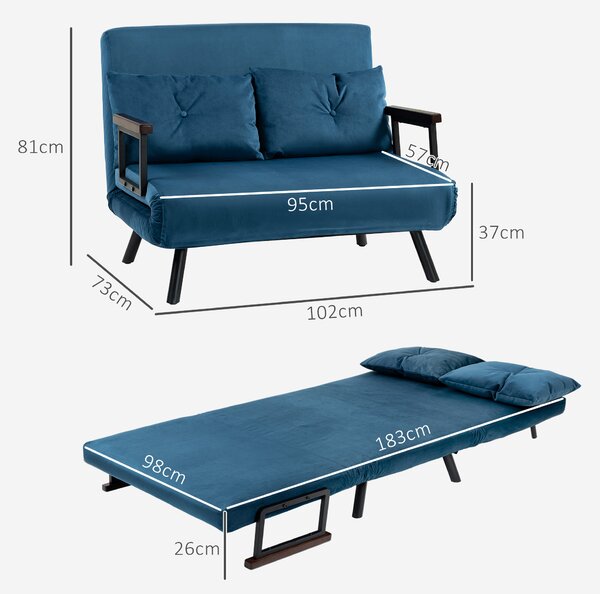 HOMCOM Click Clack Sofa Bed, Convertible 2 Seater Sofa Couch with 2 Cushions, for Living Room, Bedroom, Navy Blue