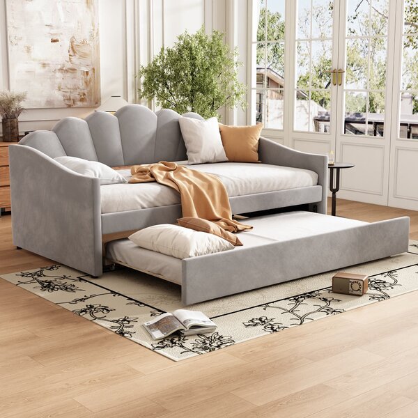 Single Day Bed with Trundle and Scalloped Cushion, Upholstered Velvet Sofa Bed with Sturdy Slats, for Bedroom, 202L x 190W x 95H cm, Gray Aosom.UK