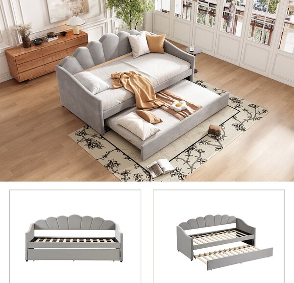 Single Day Bed with Trundle and Scalloped Cushion, Upholstered Velvet Sofa Bed with Sturdy Slats, for Bedroom, 202L x 190W x 95H cm, Gray Aosom.UK
