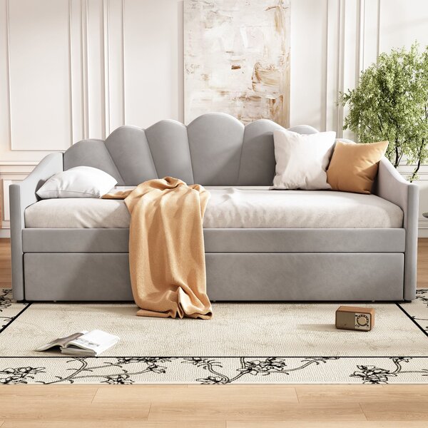 Single Day Bed with Trundle and Scalloped Cushion, Upholstered Velvet Sofa Bed with Sturdy Slats, for Bedroom, 202L x 190W x 95H cm, Gray Aosom.UK
