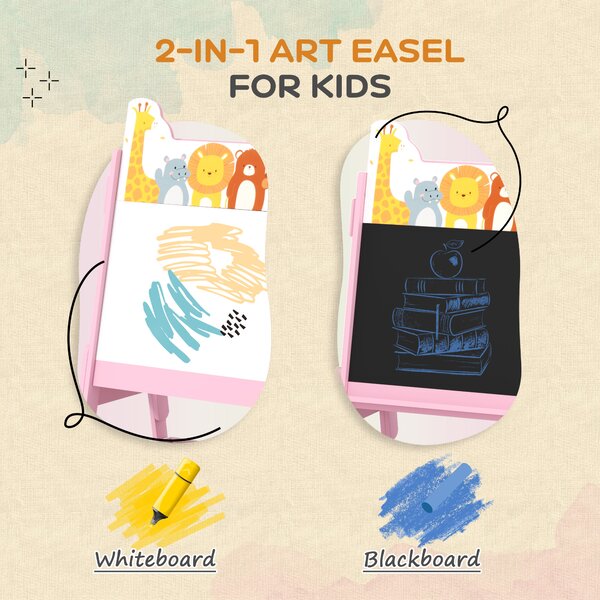 AIYAPLAY 2-in-1 Kids Easel with Magnetic Whiteboard & Chalkboard, Adjustable Storage Boxes for Kids 3-8 Years, Pink Aosom UK