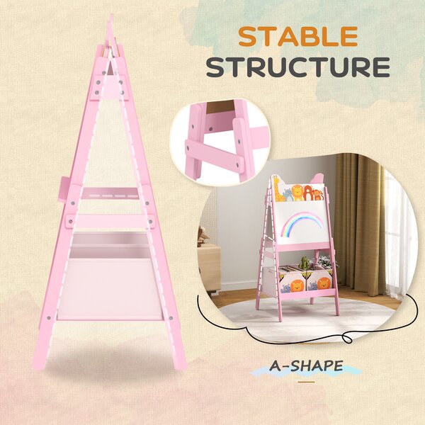 AIYAPLAY 2-in-1 Kids Easel with Magnetic Whiteboard & Chalkboard, Adjustable Storage Boxes for Kids 3-8 Years, Pink Aosom UK