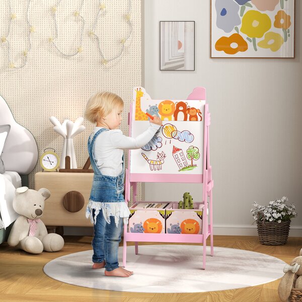 AIYAPLAY 2-in-1 Kids Easel with Magnetic Whiteboard & Chalkboard, Adjustable Storage Boxes for Kids 3-8 Years, Pink Aosom UK