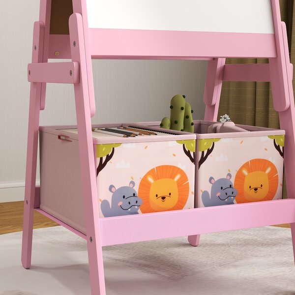AIYAPLAY 2-in-1 Kids Easel with Magnetic Whiteboard & Chalkboard, Adjustable Storage Boxes for Kids 3-8 Years, Pink Aosom UK