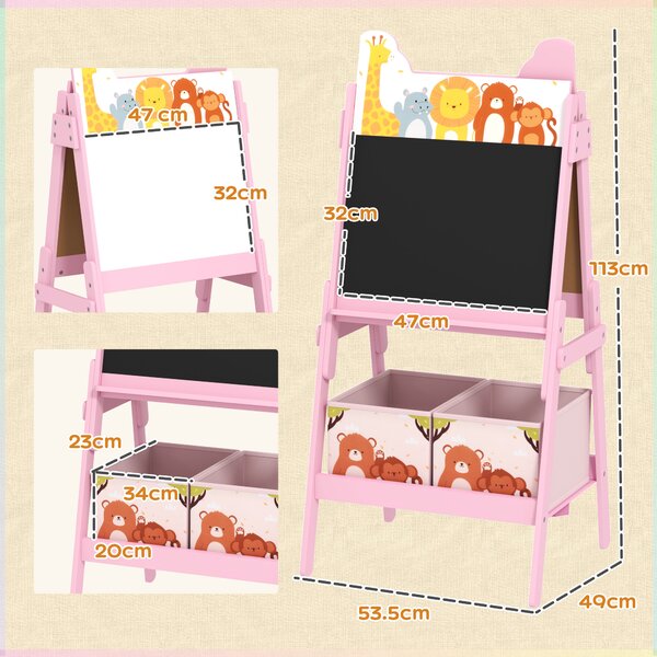 AIYAPLAY 2-in-1 Kids Easel with Magnetic Whiteboard & Chalkboard, Adjustable Storage Boxes for Kids 3-8 Years, Pink Aosom UK