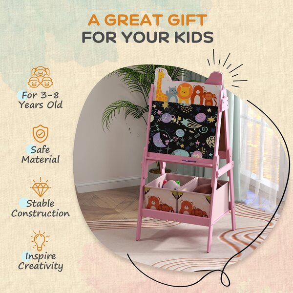 AIYAPLAY 2-in-1 Kids Easel with Magnetic Whiteboard & Chalkboard, Adjustable Storage Boxes for Kids 3-8 Years, Pink Aosom UK