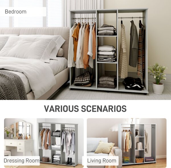 HOMCOM Double Open Wardrobe on Wheels, Bedroom Wardrobe with Clothes Hanging Rails, 3 Storage Shelves for Cloakroom, Hallway, Grey