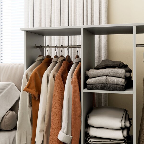 HOMCOM Double Open Wardrobe on Wheels, Bedroom Wardrobe with Clothes Hanging Rails, 3 Storage Shelves for Cloakroom, Hallway, Grey
