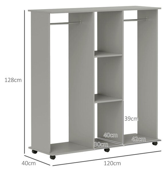 HOMCOM Double Open Wardrobe on Wheels, Bedroom Wardrobe with Clothes Hanging Rails, 3 Storage Shelves for Cloakroom, Hallway, Grey