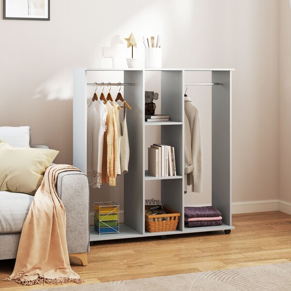 HOMCOM Double Open Wardrobe on Wheels, Bedroom Wardrobe with Clothes Hanging Rails, 3 Storage Shelves for Cloakroom, Hallway, Grey