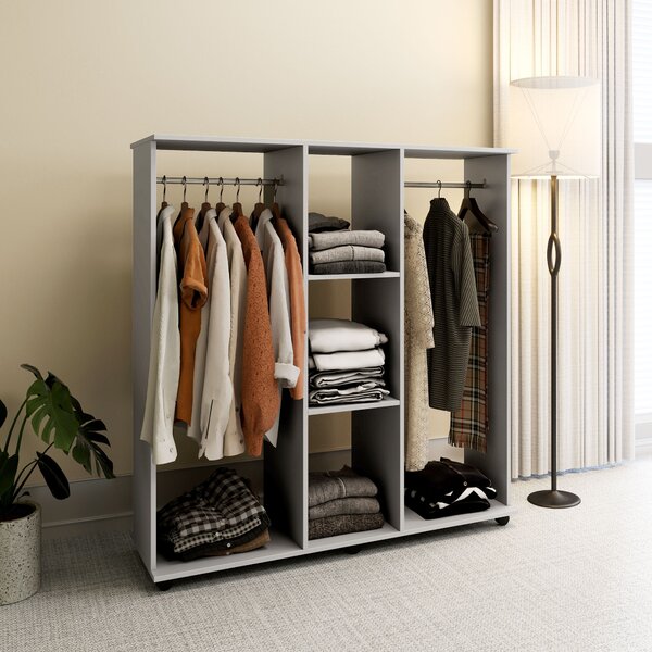 HOMCOM Double Open Wardrobe on Wheels, Bedroom Wardrobe with Clothes Hanging Rails, 3 Storage Shelves for Cloakroom, Hallway, Grey