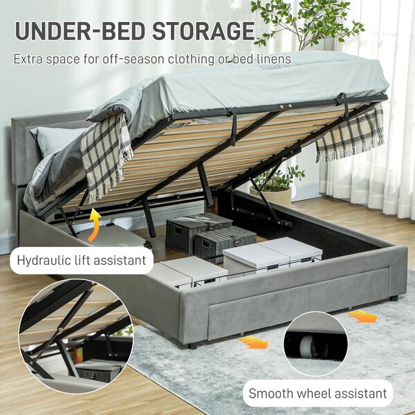 HOMCOM King Size Ottoman Bed Frame, with Front Drawer - Grey Aosom UK