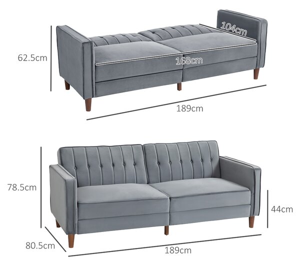 HOMCOM Velvet-Feel Three-Seater Sofa Bed - Dark Grey