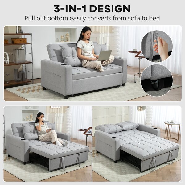 HOMCOM Two-Seater Pull-Out Sofa Bed, Cat Scratch Resistant, Light Grey Aosom UK