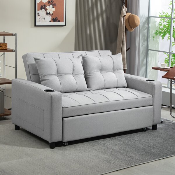 HOMCOM Two-Seater Pull-Out Sofa Bed, Cat Scratch Resistant, Light Grey Aosom UK