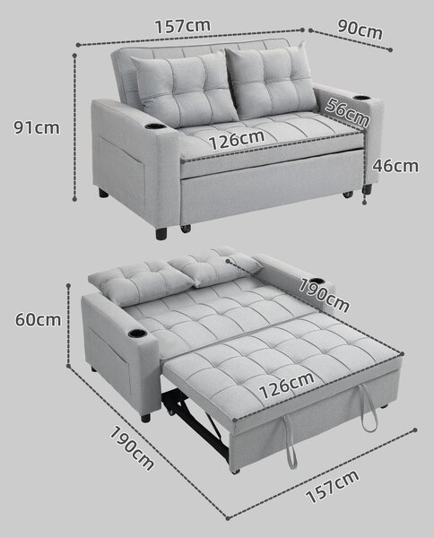 HOMCOM Two-Seater Pull-Out Sofa Bed, Cat Scratch Resistant, Light Grey Aosom UK