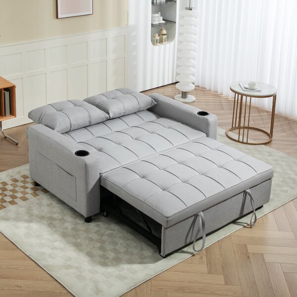 HOMCOM Two-Seater Pull-Out Sofa Bed, Cat Scratch Resistant, Light Grey Aosom UK