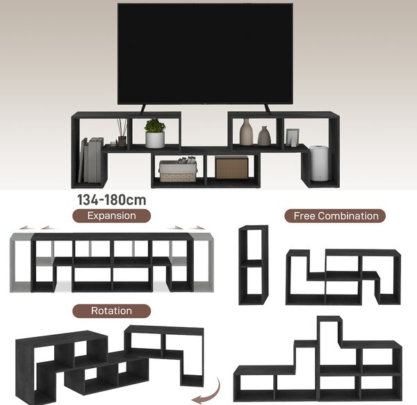 HOMCOM TV Stand for TVs Up to 75 Inches, Extendable Entertainment Unit with Storage Shelves, Adjustable Height TV Unit, Black Aosom UK