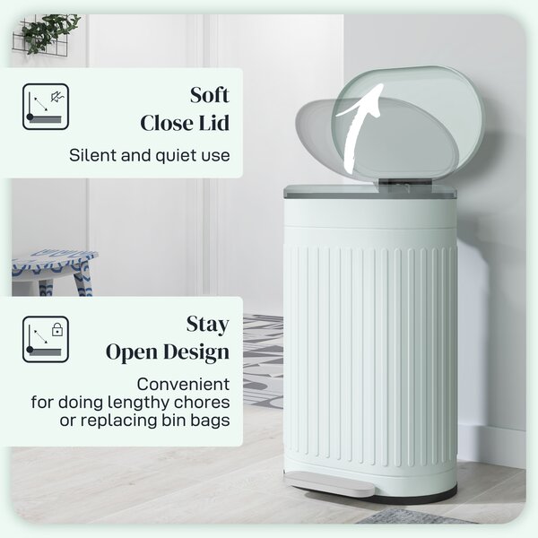 HOMCOM 30 Litre Pedal Bin, Fingerprint Proof Kitchen Bin with Soft-close Lid, Metal Rubbish Bin w/ Foot Pedal and Removable Bucket, Light Green