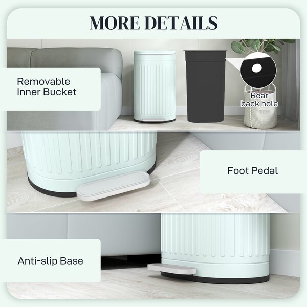 HOMCOM 30 Litre Pedal Bin, Fingerprint Proof Kitchen Bin with Soft-close Lid, Metal Rubbish Bin w/ Foot Pedal and Removable Bucket, Light Green