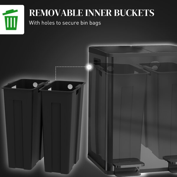 HOMCOM 40L Dual Compartment Stainless Steel Bin with Deodoriser Holders, Practical Waste Bin for Kitchen & Home, Black Aosom UK