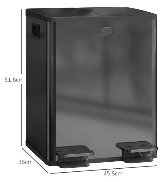 HOMCOM 40L Dual Compartment Stainless Steel Bin with Deodoriser Holders, Practical Waste Bin for Kitchen & Home, Black Aosom UK