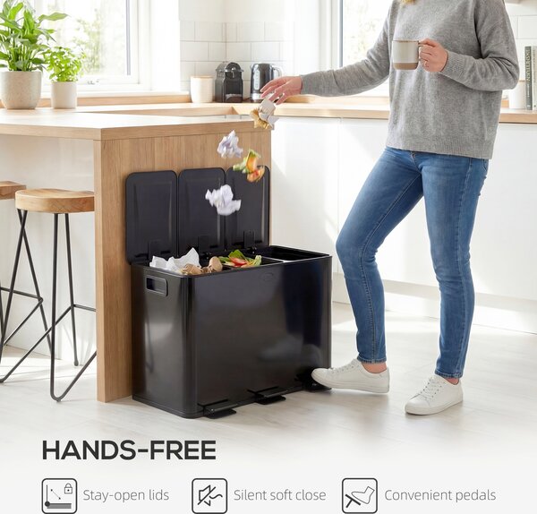 HOMCOM 3 x 15L Pedal Bin, Steel Triple Kitchen Bin with Soft Close Lid, Removable Inner Buckets, Fingerprint-Proof, Black