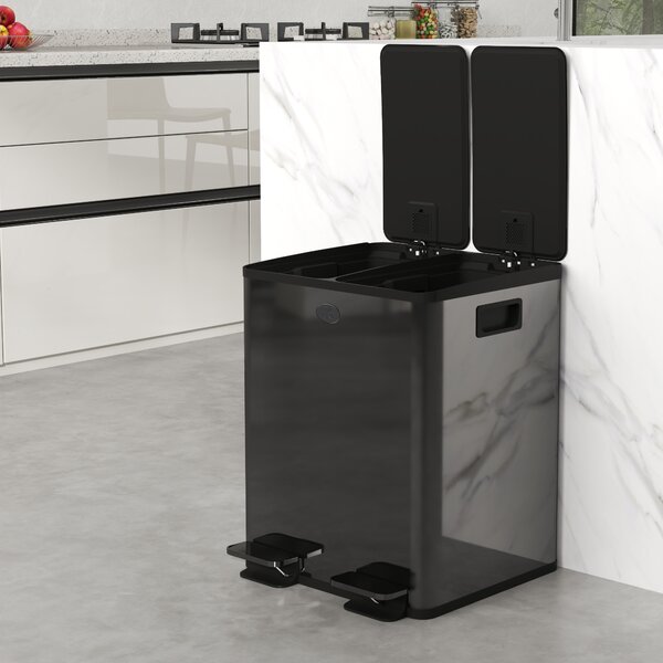 HOMCOM 40L Dual Compartment Stainless Steel Bin with Deodoriser Holders, Practical Waste Bin for Kitchen & Home, Black Aosom UK