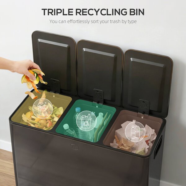 HOMCOM 3 x 15L Pedal Bin, Steel Triple Kitchen Bin with Soft Close Lid, Removable Inner Buckets, Fingerprint-Proof, Black