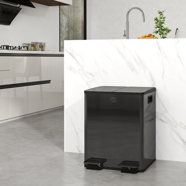 HOMCOM 40L Dual Compartment Stainless Steel Bin with Deodoriser Holders, Practical Waste Bin for Kitchen & Home, Black Aosom UK