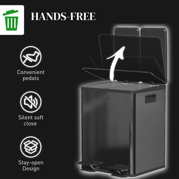 HOMCOM 40L Dual Compartment Stainless Steel Bin with Deodoriser Holders, Practical Waste Bin for Kitchen & Home, Black Aosom UK