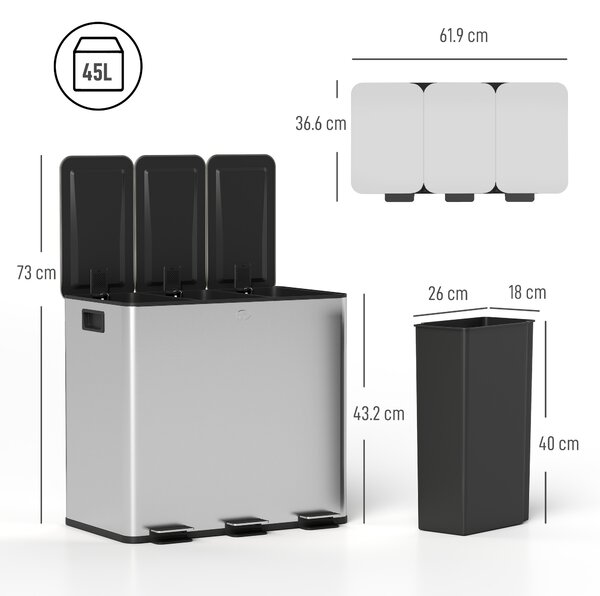 HOMCOM 3 x 15L Pedal Bin, Steel Triple Kitchen Bin with Soft Close Lid, Removable Inner Buckets, Fingerprint-Proof, Silver