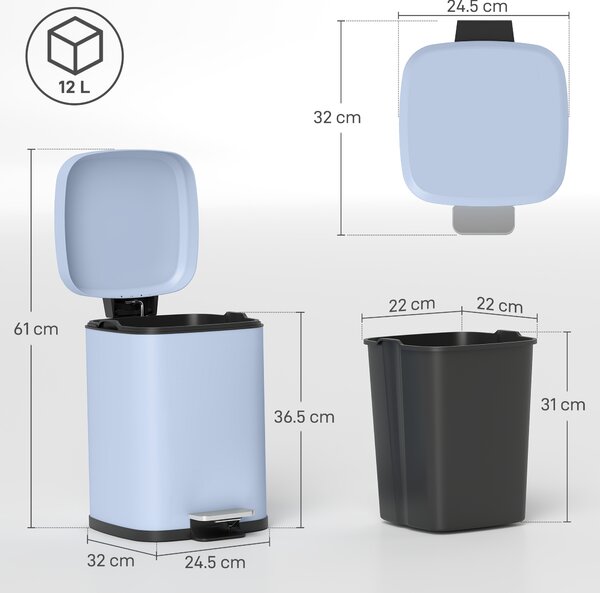 HOMCOM 12L Modern Boxy Metal Home Kitchen Bin - Light Blue