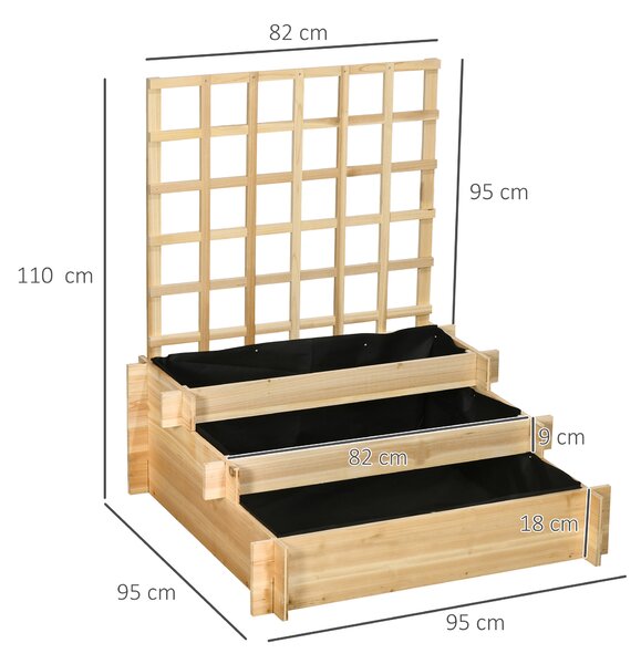 Outsunny 3 Tier Garden Planters with Trellis for Vine Climbing, Wooden Raised Beds, 95x95x110cm, Natural Tone