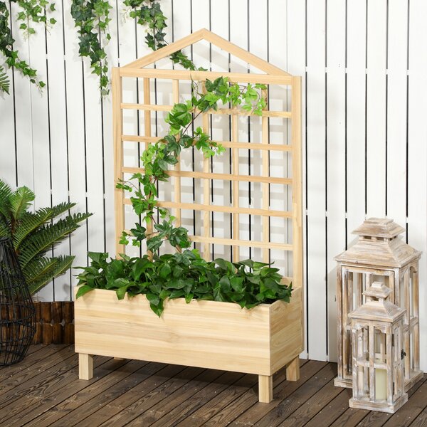 Outsunny Garden Planters with Trellis for Vine Climbing, Distressed Wooden Raised Beds, 90x43x150cm, Natural Tone Aosom UK