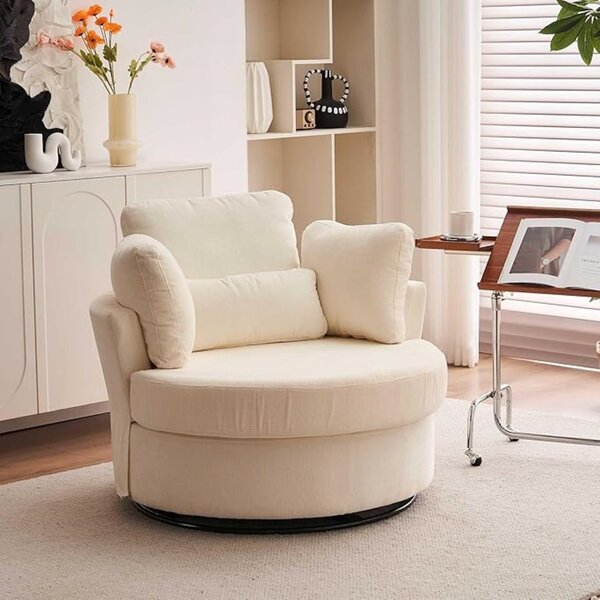 Chenille 360° Swivel Armchair Set with 3 Back Cushions and Crescent Ottoman Stool, Single Sofa for Living room, 107L x 105W x 82H cm, Ivory Aosom.UK