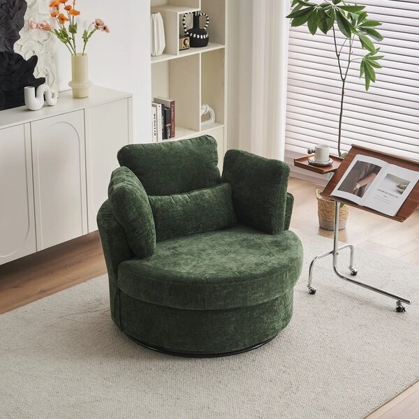Chenille 360° Swivel Armchair Set with 3 Back Cushions and Crescent Ottoman Stool, Single Sofa for Living room, 107L x 105W x 82H cm, Green Aosom.UK