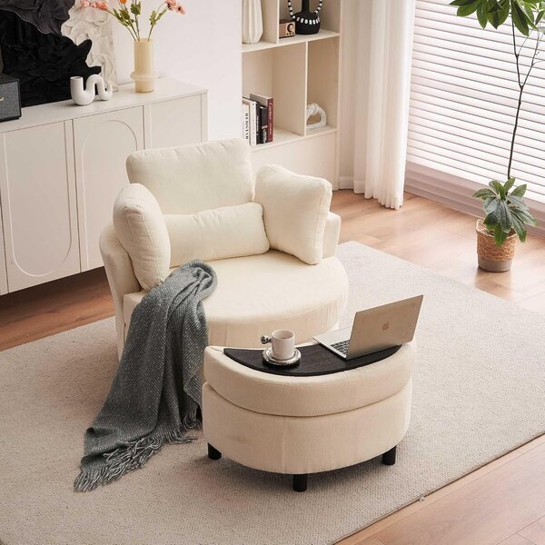 Chenille 360° Swivel Armchair Set with 3 Back Cushions and Crescent Ottoman Stool, Single Sofa for Living room, 107L x 105W x 82H cm, Ivory Aosom.UK