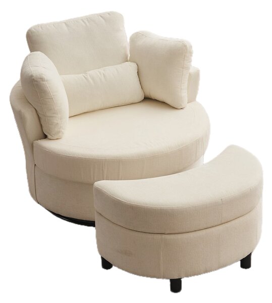 Chenille 360° Swivel Armchair Set with 3 Back Cushions and Crescent Ottoman Stool, Single Sofa for Living room, 107L x 105W x 82H cm, Ivory Aosom.UK