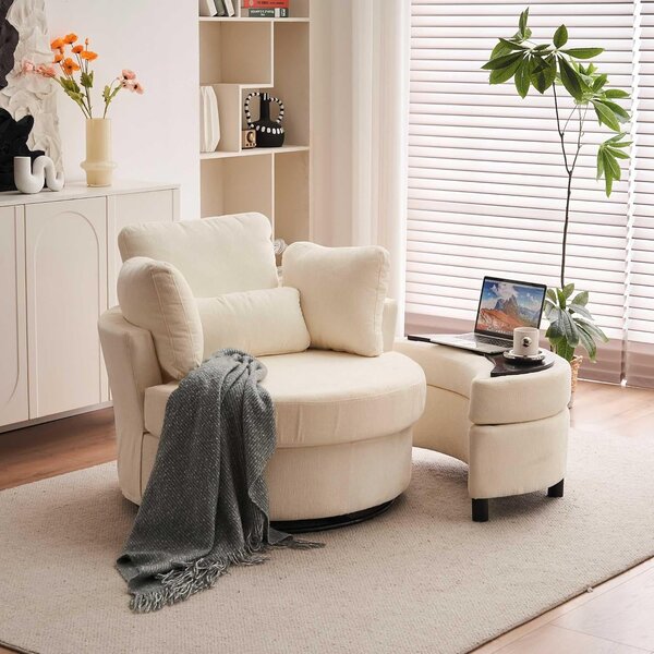 Chenille 360° Swivel Armchair Set with 3 Back Cushions and Crescent Ottoman Stool, Single Sofa for Living room, 107L x 105W x 82H cm, Ivory Aosom.UK