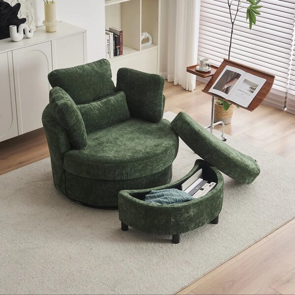Chenille 360° Swivel Armchair Set with 3 Back Cushions and Crescent Ottoman Stool, Single Sofa for Living room, 107L x 105W x 82H cm, Green Aosom.UK