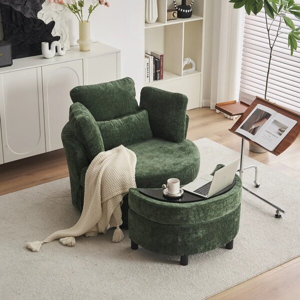 Chenille 360° Swivel Armchair Set with 3 Back Cushions and Crescent Ottoman Stool, Single Sofa for Living room, 107L x 105W x 82H cm, Green Aosom.UK