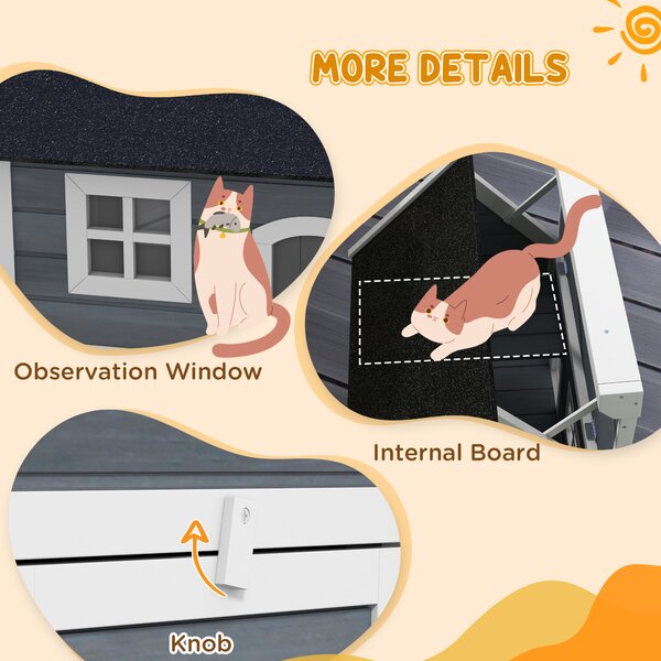 PawHut Outdoor Cat House, Wooden Feral Cat Shelter Waterproof Hide House with Openable Asphalt Roof and Three Doors, 77 x 57.5 x 68cm, Grey Aosom UK