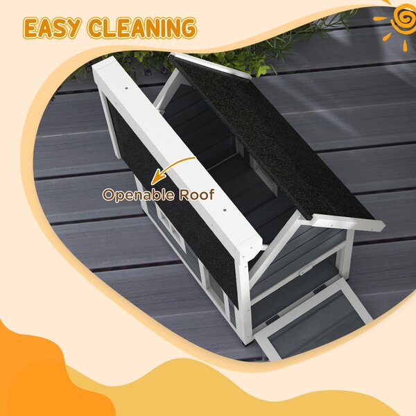PawHut Outdoor Cat House, Wooden Feral Cat Shelter Waterproof Hide House with Openable Asphalt Roof and Three Doors, 77 x 57.5 x 68cm, Grey Aosom UK