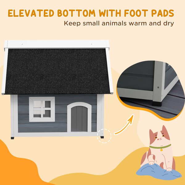 PawHut Outdoor Cat House, Wooden Feral Cat Shelter Waterproof Hide House with Openable Asphalt Roof and Three Doors, 77 x 57.5 x 68cm, Grey Aosom UK