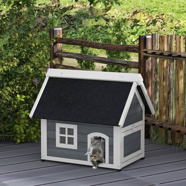 PawHut Outdoor Cat House, Wooden Feral Cat Shelter Waterproof Hide House with Openable Asphalt Roof and Three Doors, 77 x 57.5 x 68cm, Grey Aosom UK