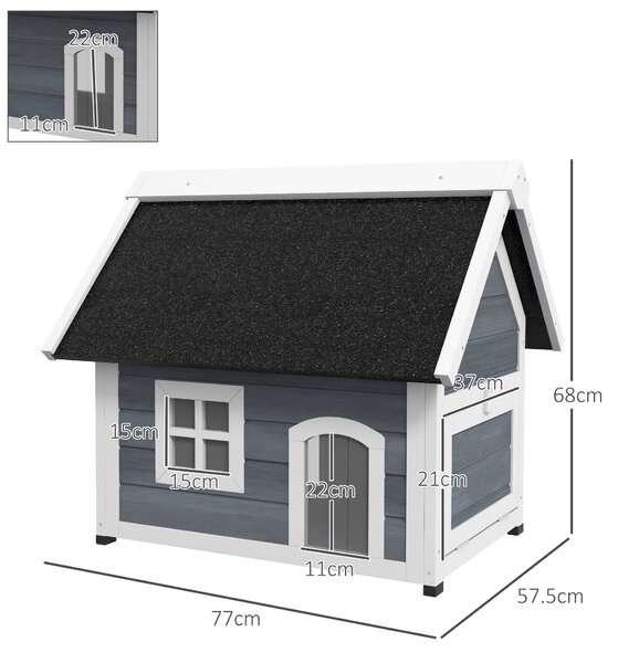 PawHut Outdoor Cat House, Wooden Feral Cat Shelter Waterproof Hide House with Openable Asphalt Roof and Three Doors, 77 x 57.5 x 68cm, Grey Aosom UK