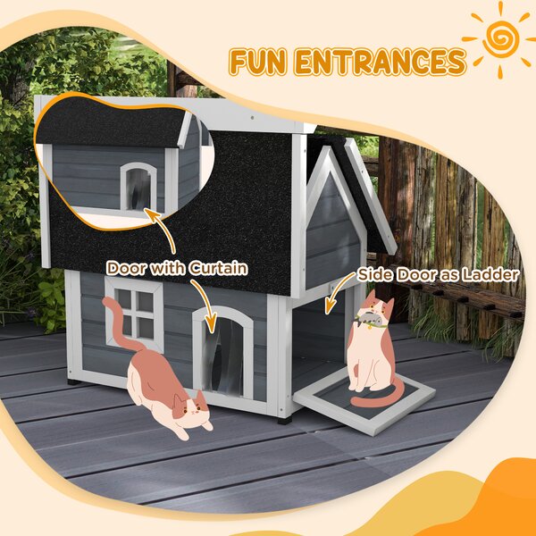 PawHut Outdoor Cat House, Wooden Feral Cat Shelter Waterproof Hide House with Openable Asphalt Roof and Three Doors, 77 x 57.5 x 68cm, Grey Aosom UK