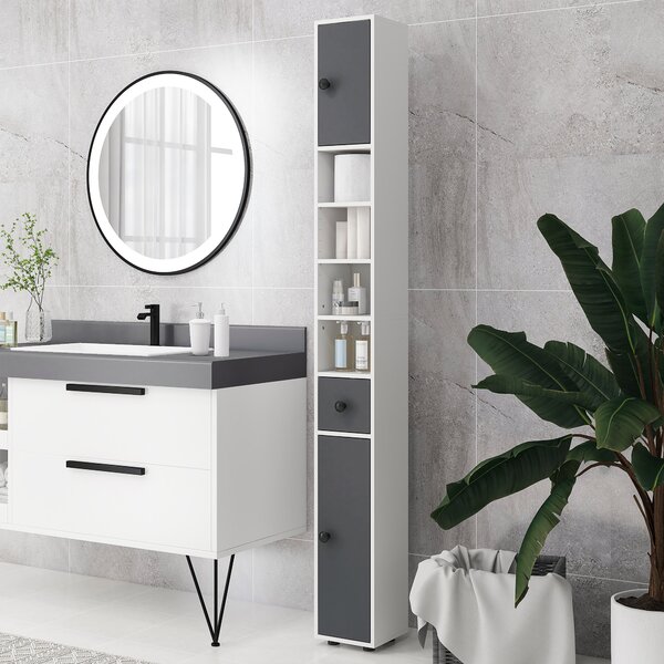 Kleankin 180cm Tall Slim Bathroom Cabinet, Narrow Toilet Roll Storage with Open Shelves, 2 Door Cabinets, Adjustable Shelves, for Kitchen Aosom UK